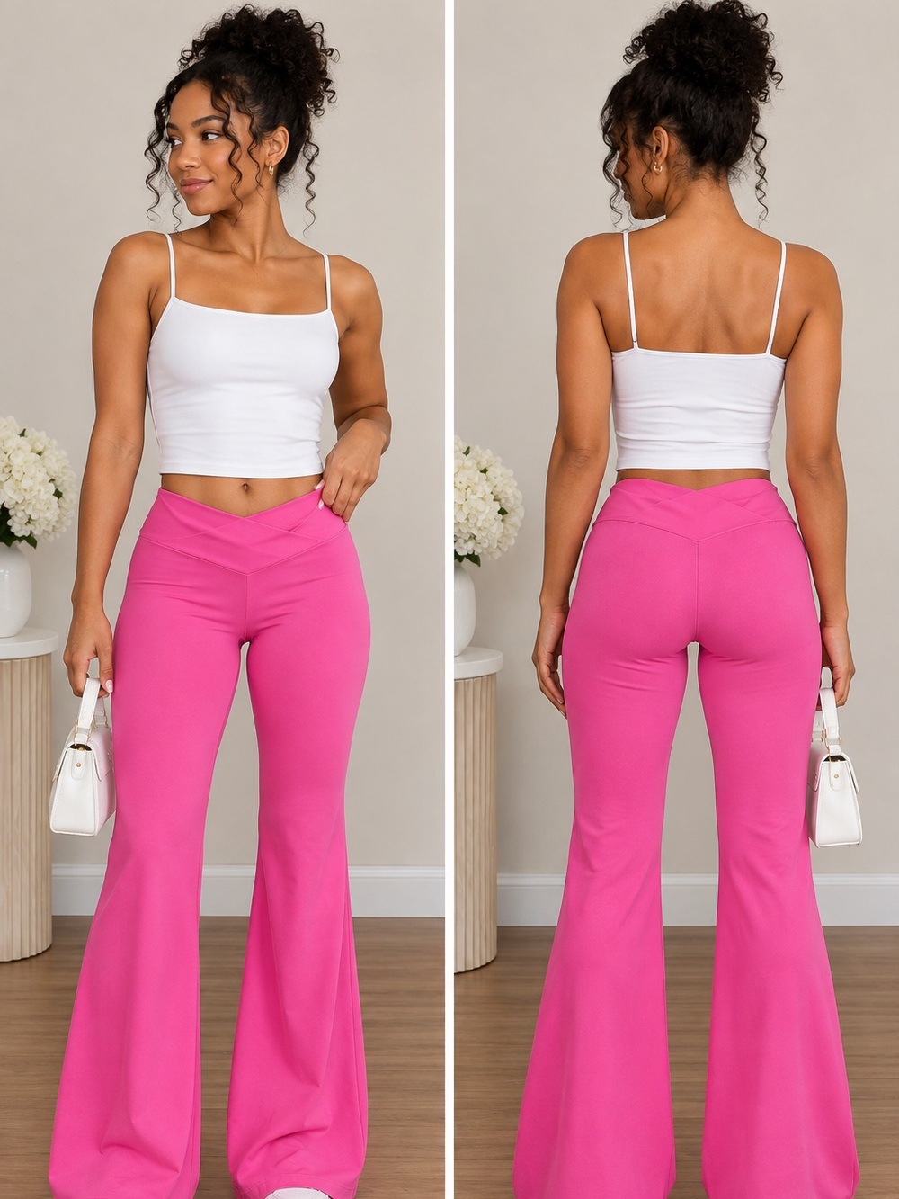 Y2K Hot Pink Flare Yoga Pants V Waist Foldover Leggings